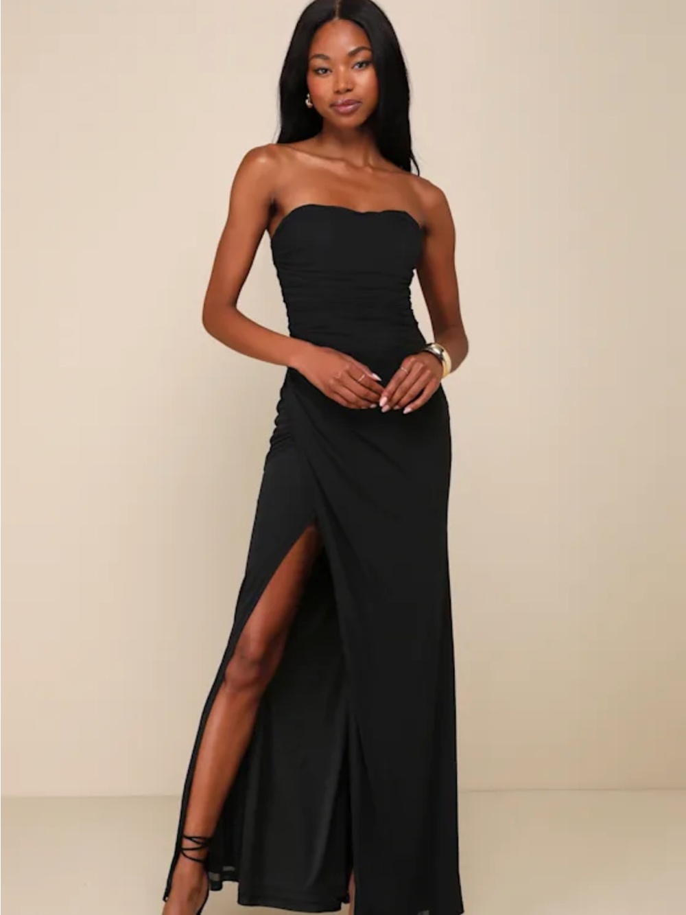 Epitome of Allure Black Mesh Strapless Ruched Maxi Dress